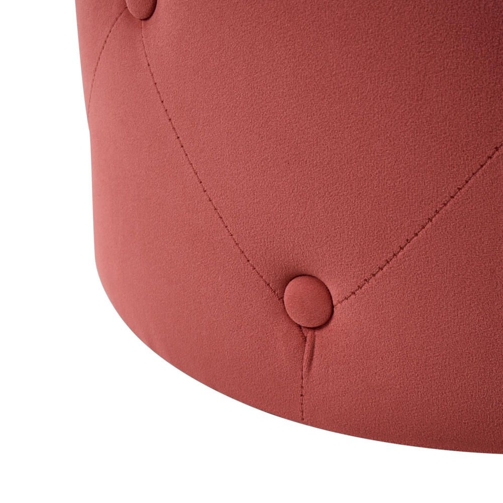Pouf ottomana trapuntato rotondo rosso corallo trapuntato Chesterfield