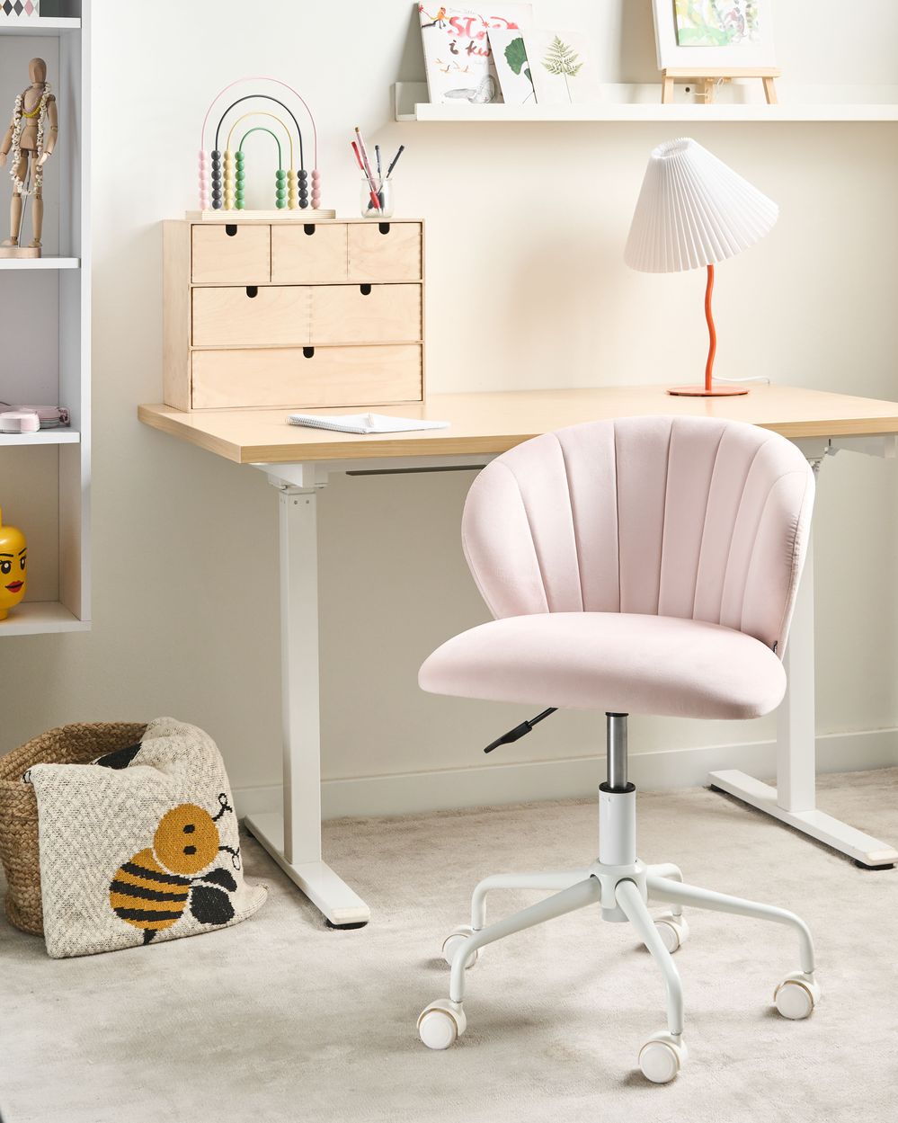 Sedia da scrivania da ufficio girevole in velluto rosa pastello regolabile in altezza