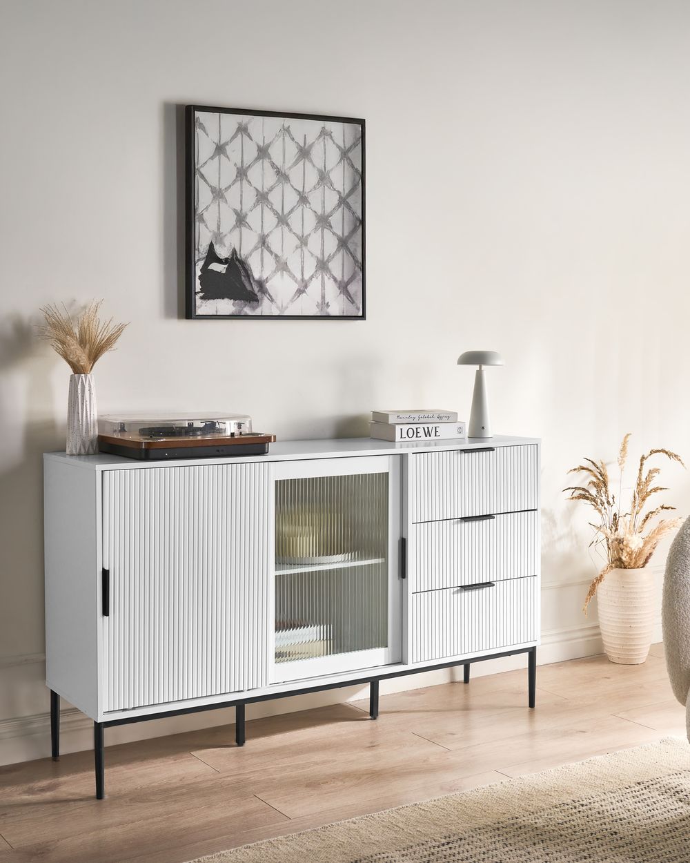 Credenza moderna Soggiorno Camera da letto Mobile 2 ante MDF Gambe in metallo Bianco stile moderno