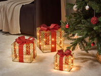 Set di 3 scatole regalo natalizie illuminate dorate con luci LED Decorazioni natalizie con fiocchi per uso interno