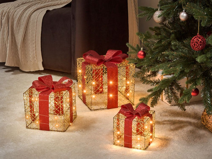 Set di 3 scatole regalo natalizie illuminate dorate con luci LED Decorazioni natalizie con fiocchi per uso interno