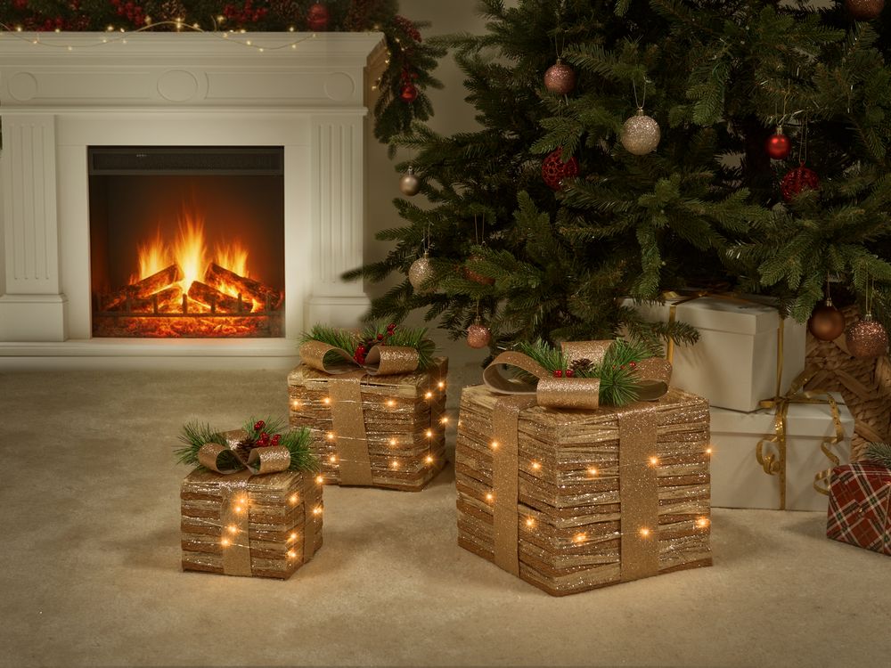 Set di 3 scatole regalo natalizie illuminate dorate con luci LED Decorazioni natalizie con fiocchi per uso interno