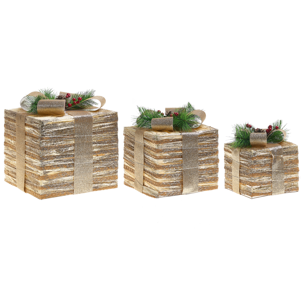 Set di 3 scatole regalo natalizie illuminate dorate con luci LED Decorazioni natalizie con fiocchi per uso interno