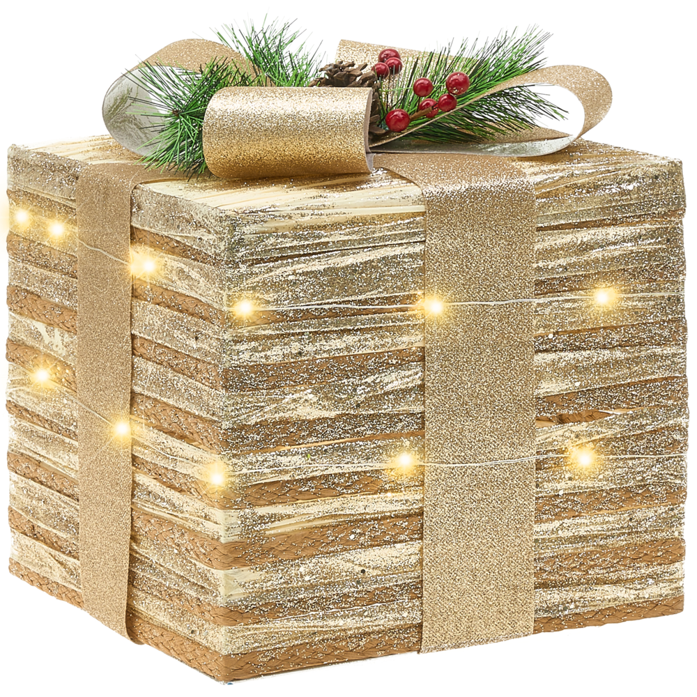 Set di 3 scatole regalo natalizie illuminate dorate con luci LED Decorazioni natalizie con fiocchi per uso interno