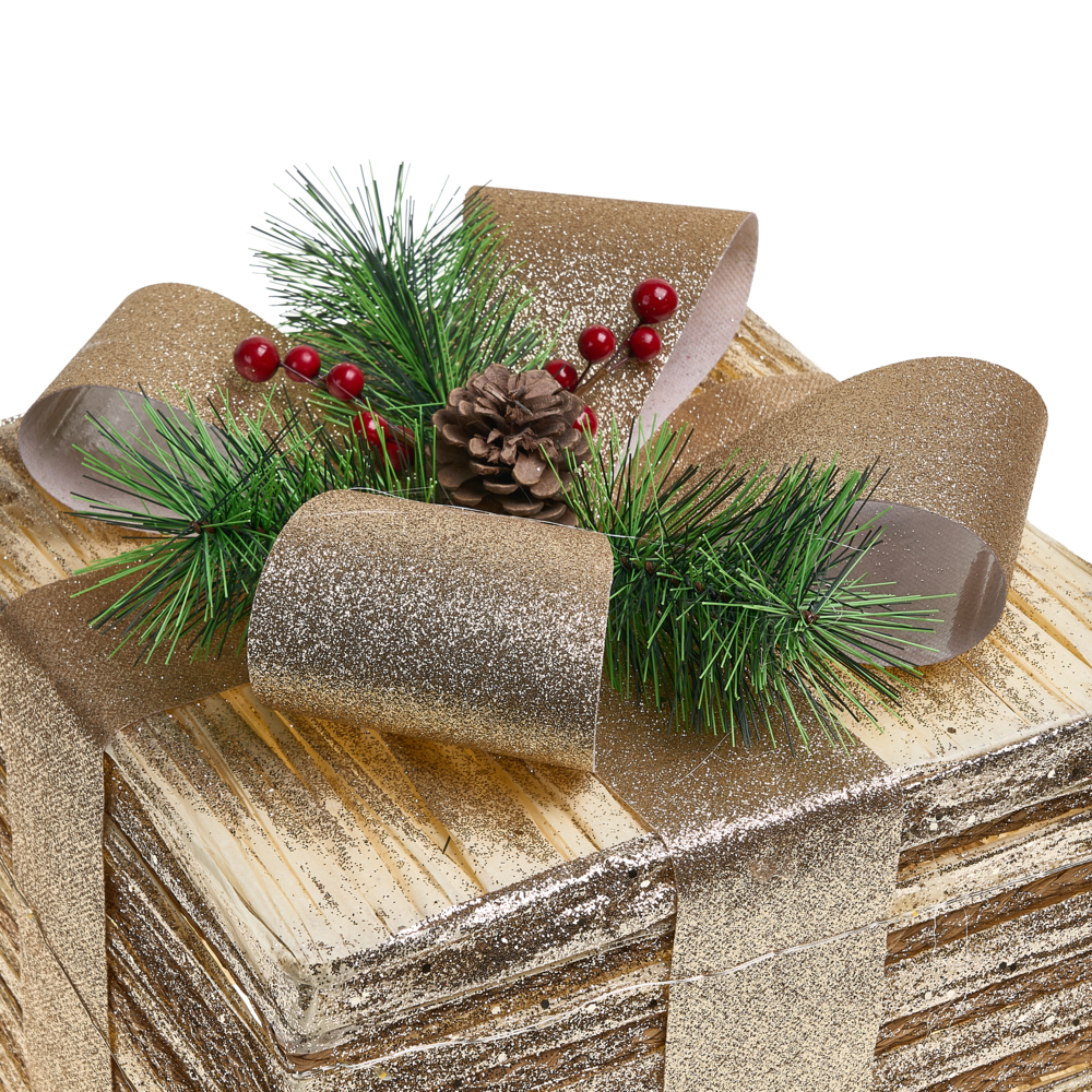 Set di 3 scatole regalo natalizie illuminate dorate con luci LED Decorazioni natalizie con fiocchi per uso interno