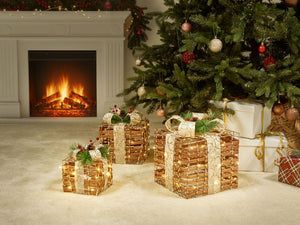 Set di 3 scatole regalo decorative natalizie con luci LED bianche calde Fiocchi Decorazioni natalizie per interni Marrone