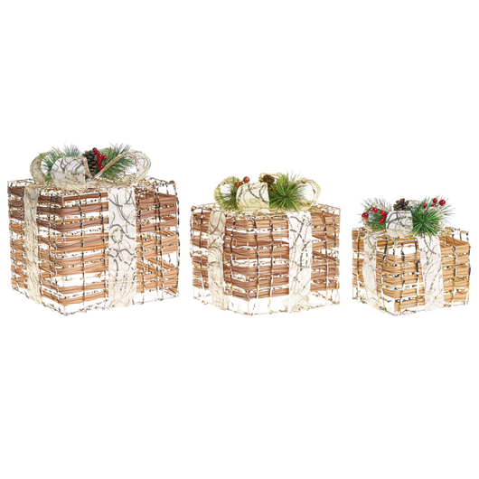 Set di 3 scatole regalo decorative natalizie con luci LED bianche calde Fiocchi Decorazioni natalizie per interni Marrone
