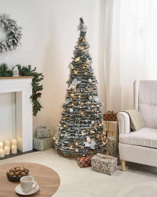 Albero di Natale artificiale bianco sintetico 185 cm innevato con luci LED pieghevoli natalizie