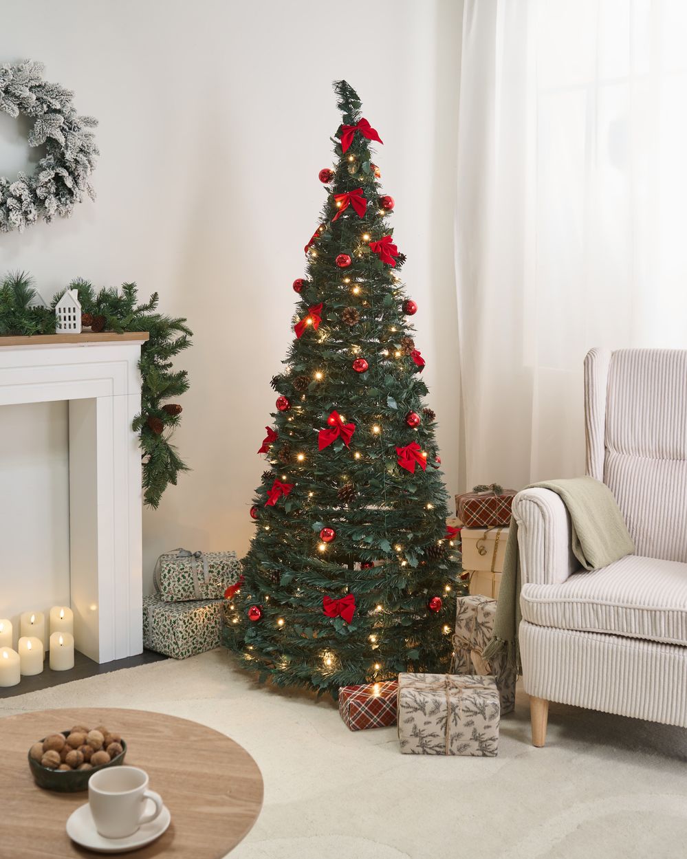 Albero di Natale artificiale verde sintetico 184 cm pieghevole con luci LED natalizie