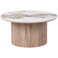 Tavolino con base in MDF e piano in marmo bianco ceramico Design moderno Gambe scanalate ø 80 cm marrone