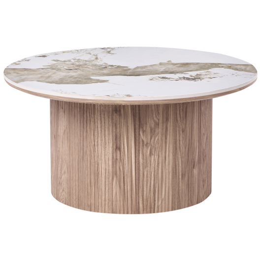 Tavolino con base in MDF e piano in marmo bianco ceramico Design moderno Gambe scanalate ø 80 cm marrone