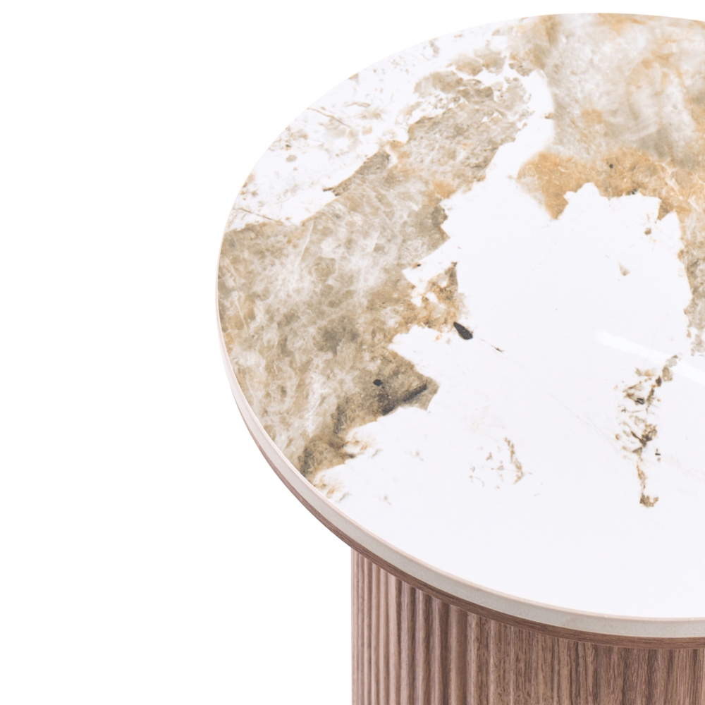 Tavolino Base in MDF Piano in marmo bianco ceramico Design moderno Gambe scanalate ø 45 cm marrone