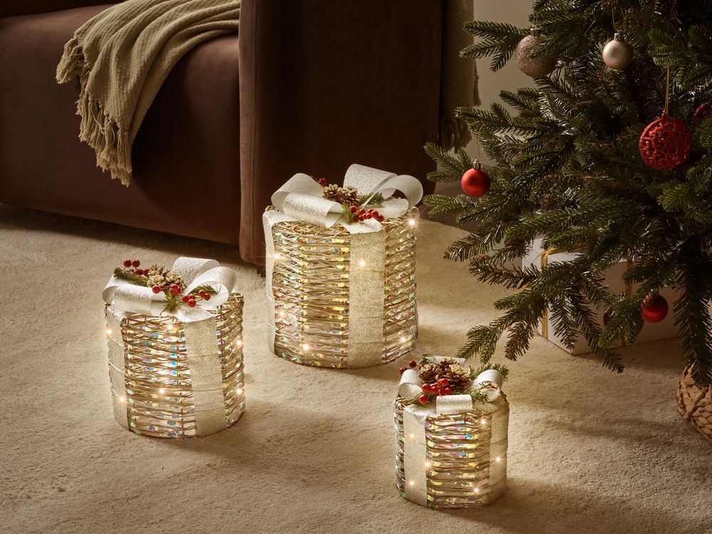 Set di 3 decorazioni natalizie con luci LED bianche calde fiocchi e decorazioni festive per interni argento