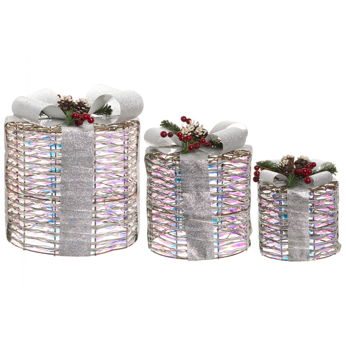 Set di 3 decorazioni natalizie con luci LED bianche calde fiocchi e decorazioni festive per interni argento