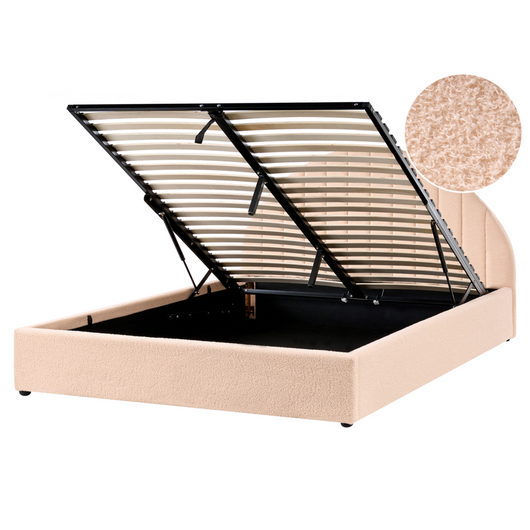 Letto minimalista con contenitore 160 x 200 cm in bouclé stile moderno con testiera rosa pesca