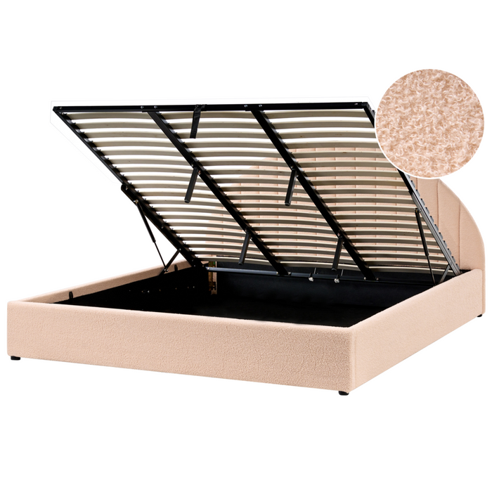 Letto minimalista con contenitore 180 x 200 cm in bouclé stile moderno con testiera rosa pesca