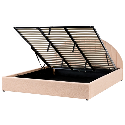 Letto minimalista con contenitore 180 x 200 cm in bouclé stile moderno con testiera rosa pesca