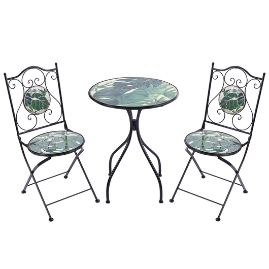 Set bistrot da giardino in metallo nero con motivo a mosaico verde e struttura in ferro stile vintage