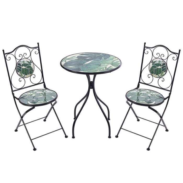 Set bistrot da giardino in metallo nero con motivo a mosaico verde e struttura in ferro stile vintage