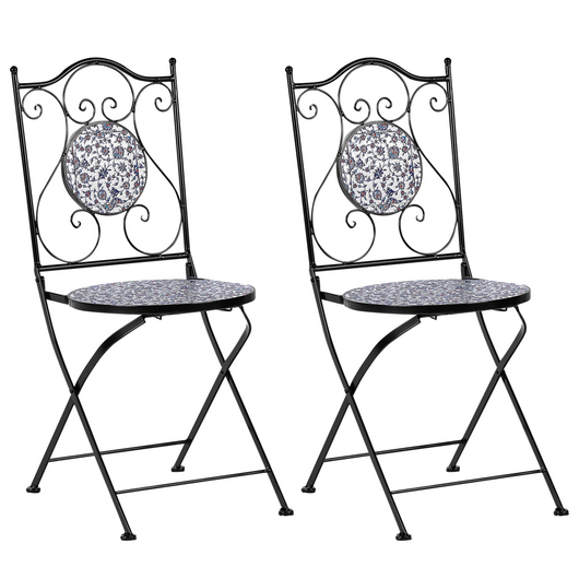 Set di 2 sedie da esterno in metallo pieghevoli con motivo a mosaico blu e struttura in ferro nero stile vintage