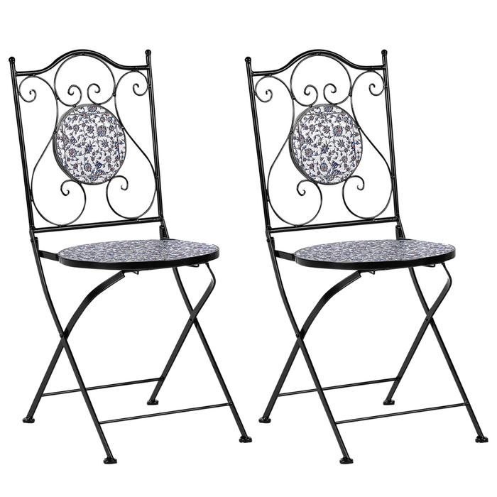 Set di 2 sedie da esterno in metallo pieghevoli con motivo a mosaico blu e struttura in ferro nero stile vintage