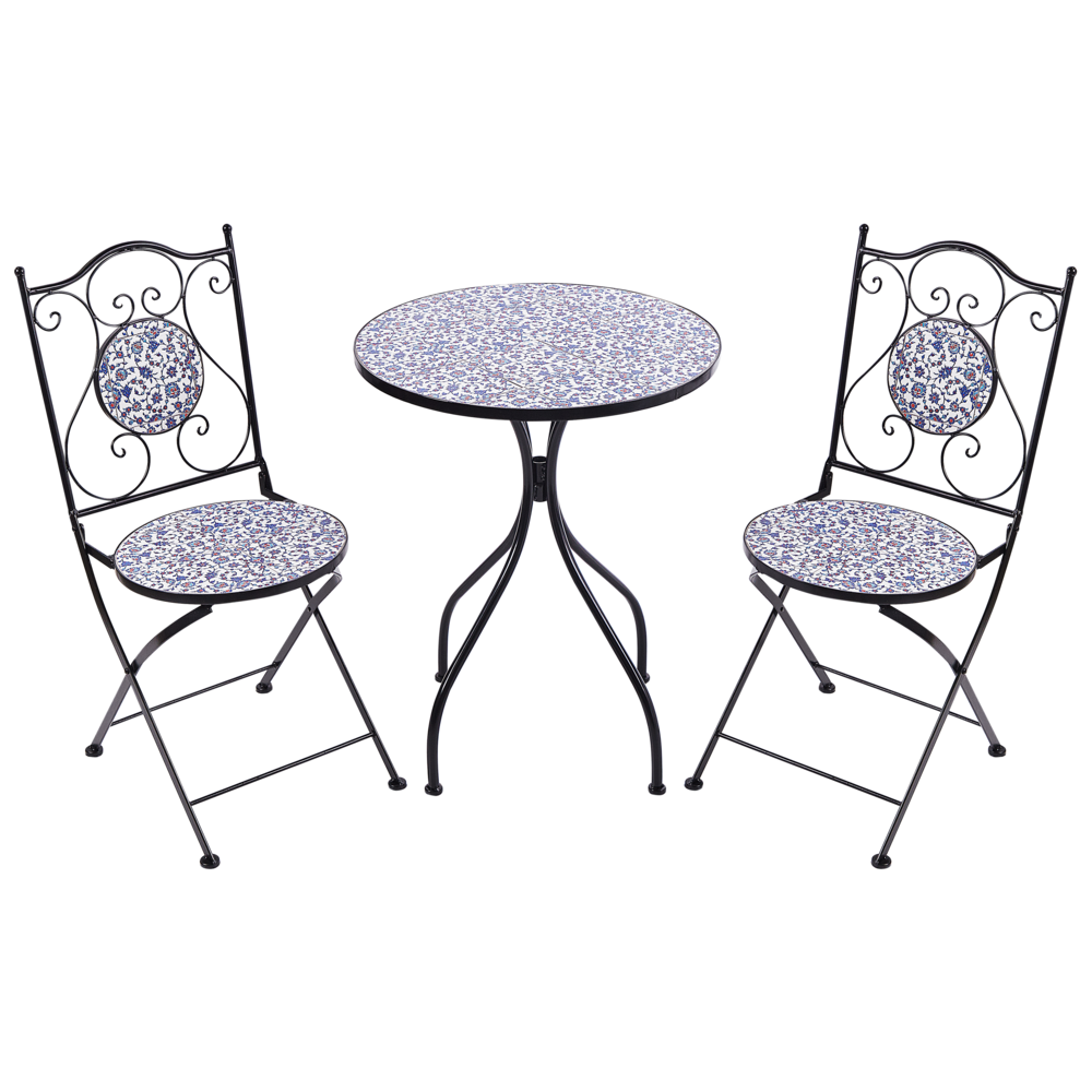 Set da bistrot da giardino in metallo nero con motivo a mosaico blu e telaio in ferro stile vintage