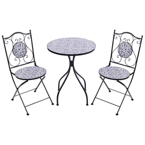 Set da bistrot da giardino in metallo nero con motivo a mosaico blu e telaio in ferro stile vintage