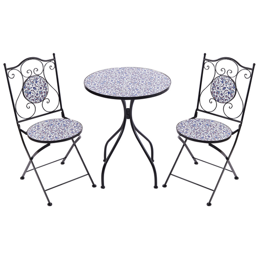 Set da bistrot da giardino in metallo nero con motivo a mosaico blu e telaio in ferro stile vintage