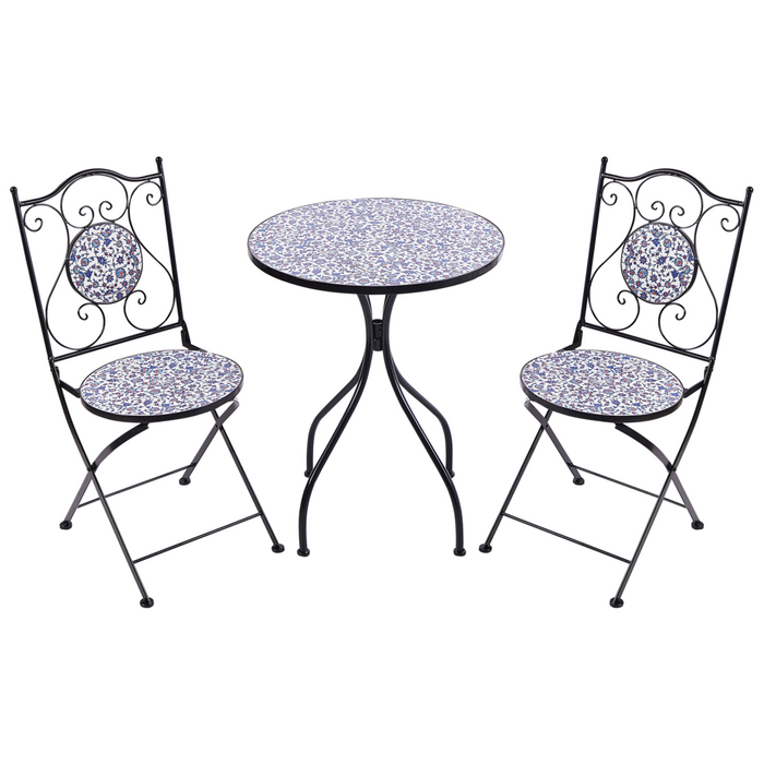 Set da bistrot da giardino in metallo nero con motivo a mosaico blu e telaio in ferro stile vintage