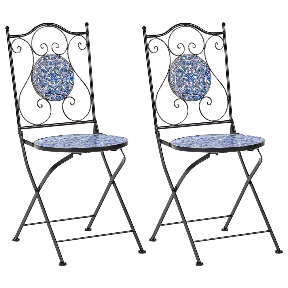 Set di 2 sedie da esterno in metallo con motivo a mosaico blu e struttura in ferro pieghevole nero stile vintage