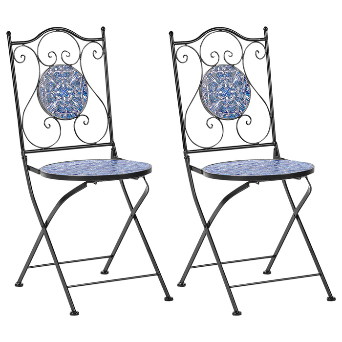 Set di 2 sedie da esterno in metallo con motivo a mosaico blu e struttura in ferro pieghevole nero stile vintage