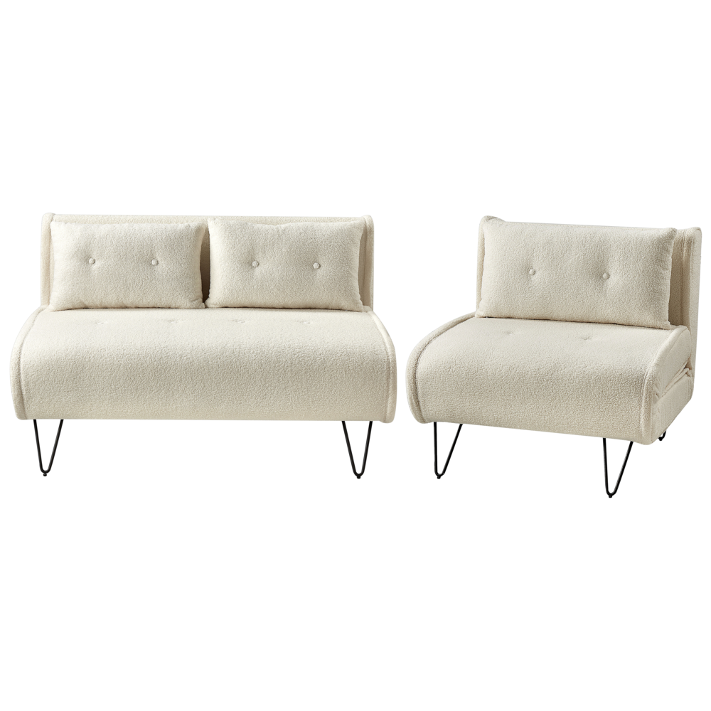 Set da salotto 3 posti con cuscini in tessuto bouclè beige chiaro con cuscini stile moderno