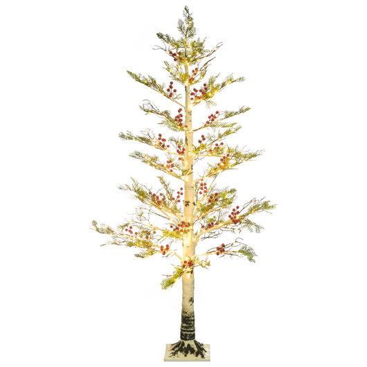 Albero di Natale artificiale in materiale sintetico bianco 160 cm Luci LED Bacche rosse Decorazioni natalizie tradizionali per interni ed esterni
