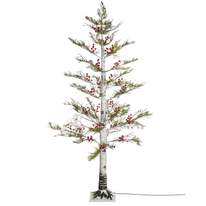 Albero di Natale artificiale in materiale sintetico bianco 160 cm Luci LED Bacche rosse Decorazioni natalizie tradizionali per interni ed esterni