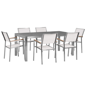 Set da pranzo da giardino bianco con piano in granito grigio 6 posti 180 x 90 cm
