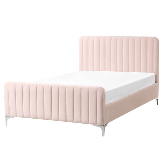 Letto matrimoniale in velluto con testiera trapuntata gambe in metallo da 120 x 200 cm e base a doghe rosa pastello Design moderno