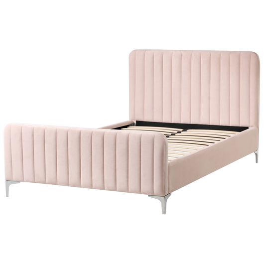 Letto matrimoniale in velluto con testiera trapuntata gambe in metallo da 120 x 200 cm e base a doghe rosa pastello Design moderno