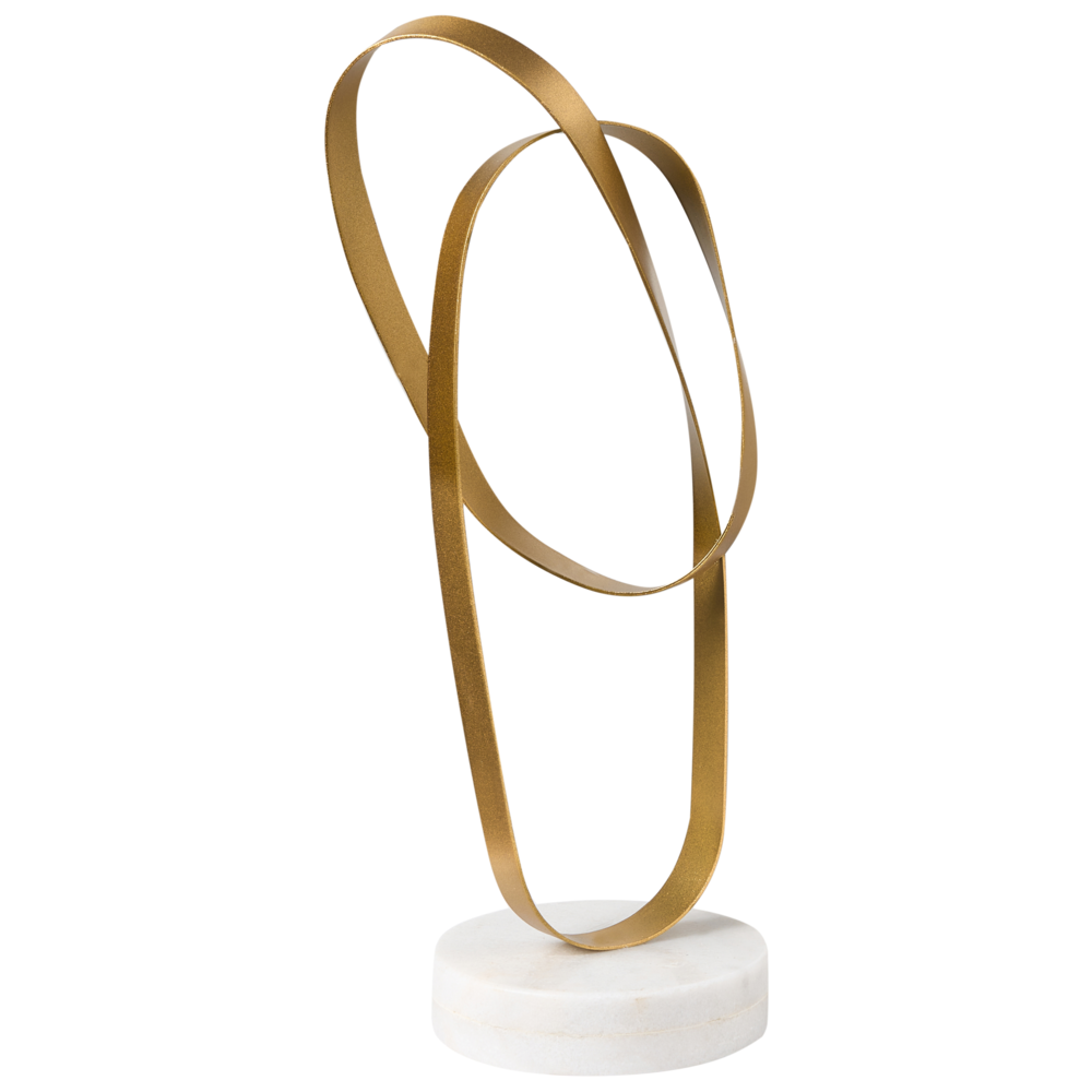 Statuetta decorativa in ferro dorato con base in marmo bianco, stile moderno, accessorio artigianale