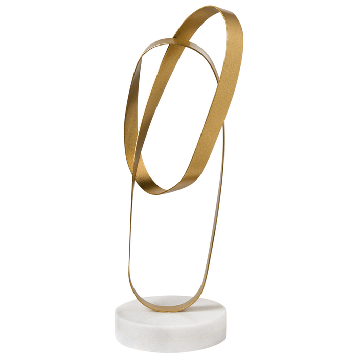 Statuetta decorativa in ferro dorato con base in marmo bianco, stile moderno, accessorio artigianale