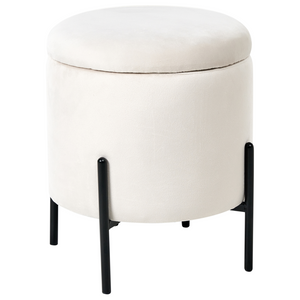 Pouf contenitore con seduta in tessuto velluto e base in legno poggiapiedi rotondo tavolino occasionale bianco sporco