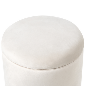 Pouf contenitore con seduta in tessuto velluto e base in legno poggiapiedi rotondo tavolino occasionale bianco sporco