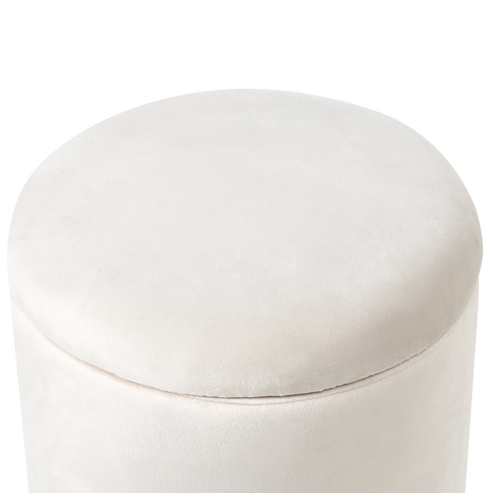 Pouf contenitore con seduta in tessuto velluto e base in legno poggiapiedi rotondo tavolino occasionale bianco sporco