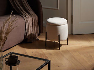 Pouf contenitore con seduta in tessuto velluto e base in legno poggiapiedi rotondo tavolino occasionale beige chiaro