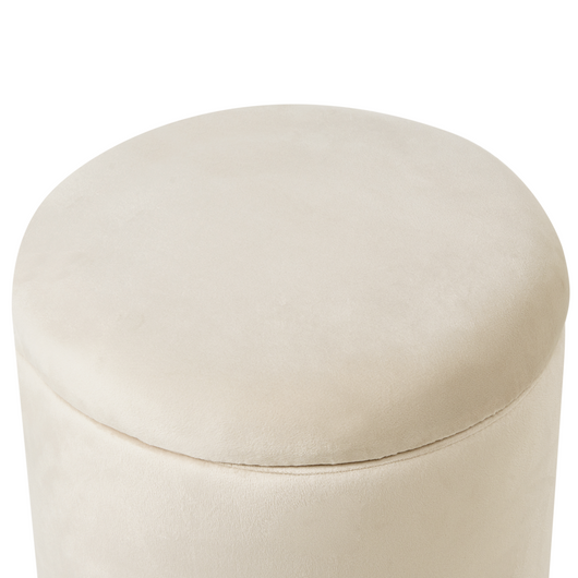 Pouf contenitore con seduta in tessuto velluto e base in legno poggiapiedi rotondo tavolino occasionale beige chiaro