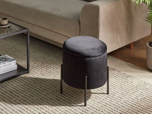 Pouf contenitore con seduta in tessuto velluto e base in legno poggiapiedi rotondo tavolino nero