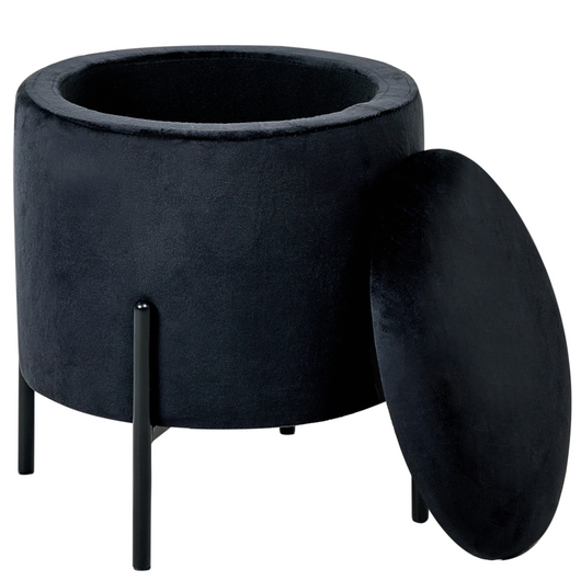 Pouf contenitore con seduta in tessuto velluto e base in legno poggiapiedi rotondo tavolino nero