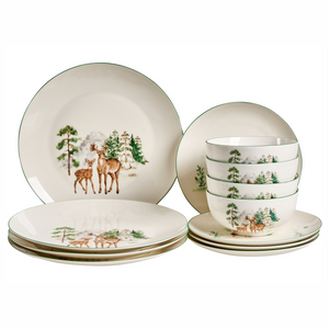 Set di 12 pezzi di stoviglie in porcellana fatte a mano con finitura smaltata reattiva renna natalizia bianco
