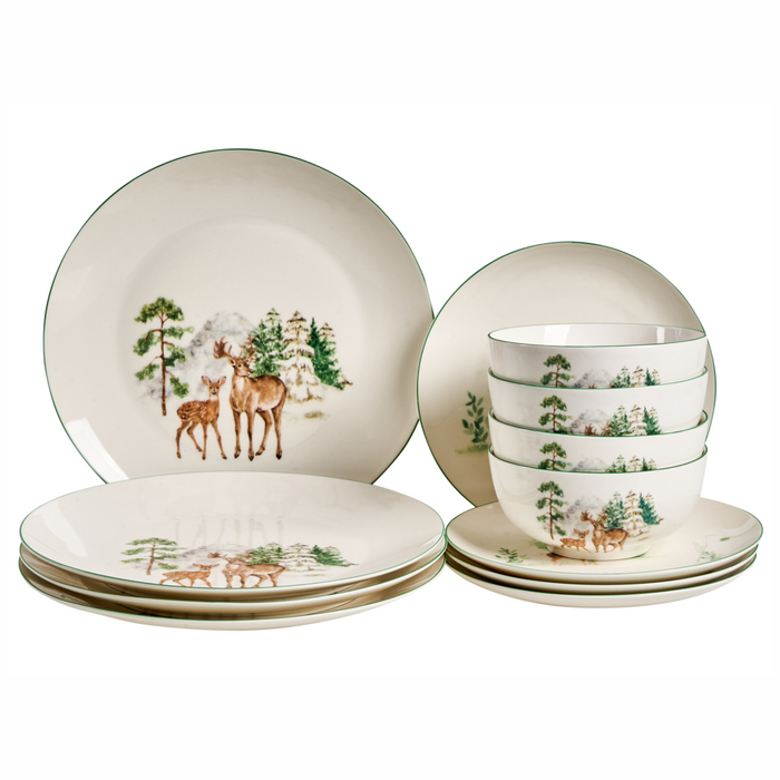 Set di 12 pezzi di stoviglie in porcellana fatte a mano con finitura smaltata reattiva renna natalizia bianco