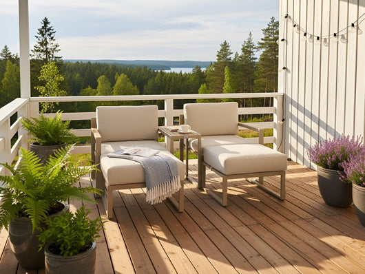 Set da giardino modulare a 2 posti in acciaio zincato verniciato a polvere con tavolino ottomano e cuscini beige stile moderno