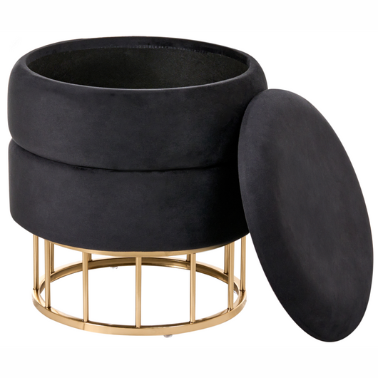 Pouf contenitore Rivestimento in velluto di poliestere nero Base dorata Accessori per soggiorno dal design glamour